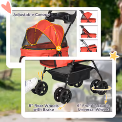 PawHut Pet Stroller Foldable Travel Carriage w/ Brake Basket Canopy, Red - Additional view 4