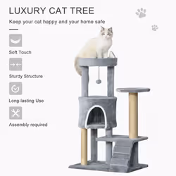 PawHut 100cm Cat Tree with Climbing Ladder Scratching Post Ball, Light Grey