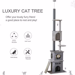 PawHut 255cm Cat Tree Floor to Ceiling Kitty Activity Center with Double Condo