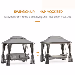 Outsunny 3 Person Canopy Gazebo Swing Outdoor Patio Lounge w/ Mesh Walls, Grey