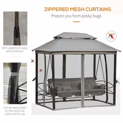 Outsunny 3 Person Canopy Gazebo Swing Outdoor Patio Lounge w/ Mesh Walls, Grey
