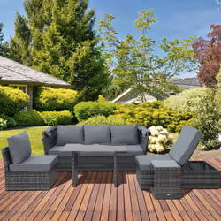 Outsunny 5 PCS Outdoor Rattan Reclining Adjustable Canopy Sets w/ Dining Table
