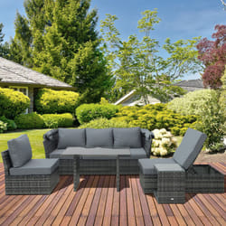 Outsunny 5 PCS Outdoor Rattan Reclining Adjustable Canopy Sets w/ Dining Table