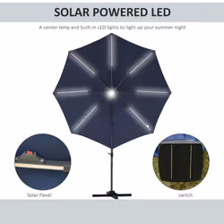 Outsunny 3(m) LED Cantilever Parasol Outdoor with Base Solar Lights Blue