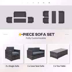 Outsunny 4PC Rattan Sofa Set Outdoor Coffee Table Chair Wicker Garden Grey