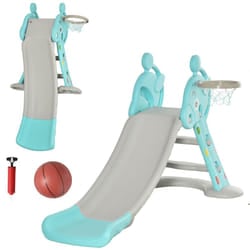 HOMCOM 2 in 1 Kids Slide with Basketball Hoop 18 months -4 Years Old Deer Blue