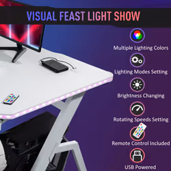 HOMCOM Ergonomic Gaming Desk with Hook Cup Holder LED & Cable Management, White