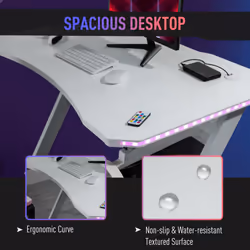HOMCOM Ergonomic Gaming Desk with Hook Cup Holder LED & Cable Management, White
