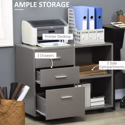 HOMCOM Freestanding Storage Cabinet w/ 3 Drawers 2 Shelves 4 Wheels Office Grey