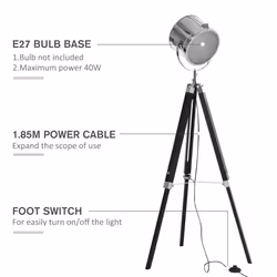 HOMCOM Industrial Style Adjustable Tripod Floor Lamp, Searchlight Reading Lamp - Additional view 4