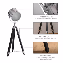 HOMCOM Industrial Style Adjustable Tripod Floor Lamp, Searchlight Reading Lamp - Additional view 5