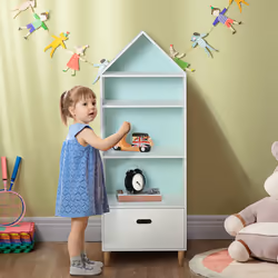 HOMCOM 142x50cm Child's Rocket Bookshelf w/ 3 Shelves Drawer Wood Legs White