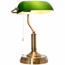 HOMCOM Banker's Table Lamp w/ Bronze Base, Green Glass Shade, Pull Rope Switch