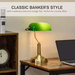 HOMCOM Banker's Table Lamp w/ Bronze Base, Green Glass Shade, Pull Rope Switch