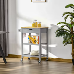 HOMCOM Kitchen Trolley Utility Cart on Wheels with Rubberwood Worktop Towel Rack