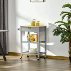 HOMCOM Kitchen Trolley Utility Cart on Wheels with Rubberwood Worktop Towel Rack