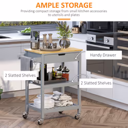 HOMCOM Kitchen Trolley Utility Cart on Wheels with Rubberwood Worktop Towel Rack