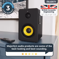 Majority Bluetooth Active Bookshelf Speakers with 70 Watts Power | Hi-Fi Powered Speakers Kevlar Yellow Speaker Cone and Wooden Cabinet | Optical RCA