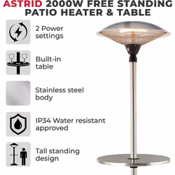 Tower T978521 Free Standing Patio Heater and Table, 2000W, Stainless Steel