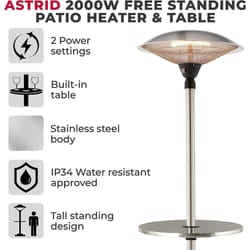 Tower T978521 Free Standing Patio Heater and Table, 2000W, Stainless Steel