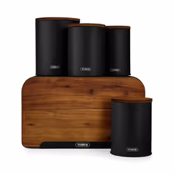 T826140BLK Scandi 5 Piece Acacia Wood Storage Set with Bread Bin, Biscuit Barrel, Canisters, Black