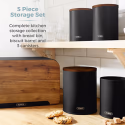 T826140BLK Scandi 5 Piece Acacia Wood Storage Set with Bread Bin, Biscuit Barrel, Canisters, Black