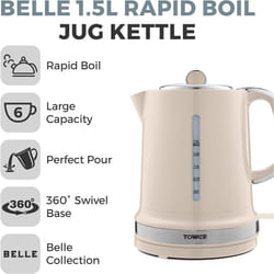 Tower T10049CHA Belle Jug Kettle Rapid Boil, 1.5L,3kw, Chantilly Cream