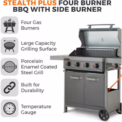 Tower T978524 Stealth Plus Four Burner Gas BBQ with Side Burner and Waterproof Cover, Black