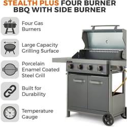 Tower T978524 Stealth Plus Four Burner Gas BBQ with Side Burner and Waterproof Cover, Black