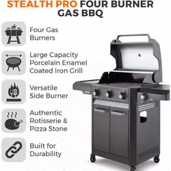 Tower T978525 Stealth Pro Four Burner Gas BBQ with Side Burner, Rotisserie Kit and Pizza Stone, Black