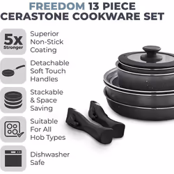 Tower T900140 Freedom Detachable Handles Cookware Set with Cerastone Coating, Stackable Design, 13pc, Graphite