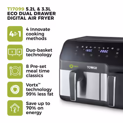 Tower Vortx Eco Duo Basket Double 8.5 L Stand-alone 1700 W Hot air fryer Black, Silver