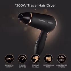 Carmen C80020COP Noir Lightweight Travel Hair Dryer with Concentrator Nozzle and foldable handle, 1200W, Black and Copper