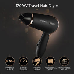 Carmen C80020COP Noir Lightweight Travel Hair Dryer with Concentrator Nozzle and foldable handle, 1200W, Black and Copper