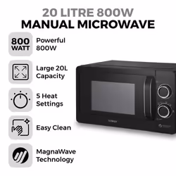 Tower T24042BLK Manual Microwave with Sleek Mirror Door, 800W, 20L, Black & Chrome