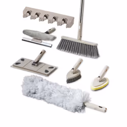 Tower Cavaletto 8 Piece Cleaning & Storage set, Three Part Handle, Flat Mop & Broom Head, Microfibre Duster, Scrubbing & Wall ...