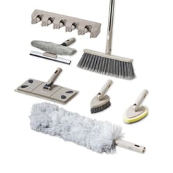 Tower Cavaletto 8 Piece Cleaning & Storage set, Three Part Handle, Flat Mop & Broom Head, Microfibre Duster, Scrubbing & Wall Holder, T869002MSH