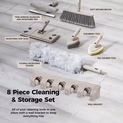 Tower Cavaletto 8 Piece Cleaning & Storage set, Three Part Handle, Flat Mop & Broom Head, Microfibre Duster, Scrubbing & Wall Holder, T869002MSH