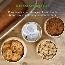 Tower T826212CHA 5 Piece Storage Set with Bread Bin, Biscuit Tin and 3 Storage Canisters, Stainless Steel with Airtight Mango Wood Lids, Chantilly