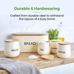 Tower T826212CHA 5 Piece Storage Set with Bread Bin, Biscuit Tin and 3 Storage Canisters, Stainless Steel with Airtight Mango Wood Lids, Chantilly