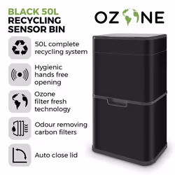 Tower Ozone Recycling Sensor Bin, 50L, Hands Free Opening, Carbon Filter, Black T938021BLK