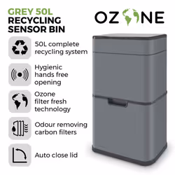 Tower Ozone Recycling Sensor Bin, 50L, Hands Free Opening, Carbon Filter, Grey T938021GRY