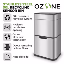 Tower Ozone Recycling Sensor Bin, 50L, Hands Free Opening, Carbon Filter, Stainless Steel T938021SS