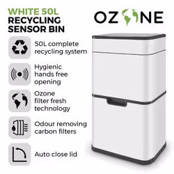 Tower Ozone Recycling Sensor Bin, 50L, Hands Free Opening, Carbon Filter, White T938021WHT