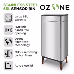 Tower Ozone Sensor Bin with Legs, 65L, Hands Free Opening, Carbon Filter, Stainless Steel T938022SS