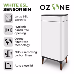Tower Ozone Sensor Bin with Legs, 65L, Hands Free Opening, Carbon Filter, White T938022WHT