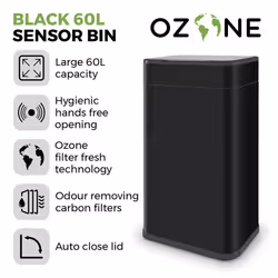 Tower Ozone Sensor Bin, 60L, Hands Free Opening, Carbon Filter, Black T938023BLK