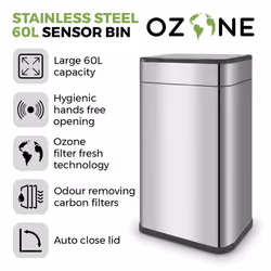 Tower Ozone Sensor Bin, 60L, Hands Free Opening, Carbon Filter, Stainless Steel T938023SS