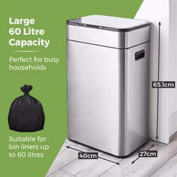 Tower Ozone Sensor Bin, 60L, Hands Free Opening, Carbon Filter, Stainless Steel T938023SS
