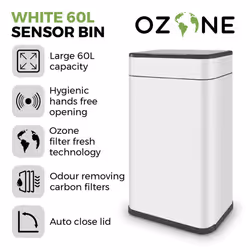 Tower Ozone Sensor Bin, 60L, Hands Free Opening, Carbon Filter, White T938023WHT